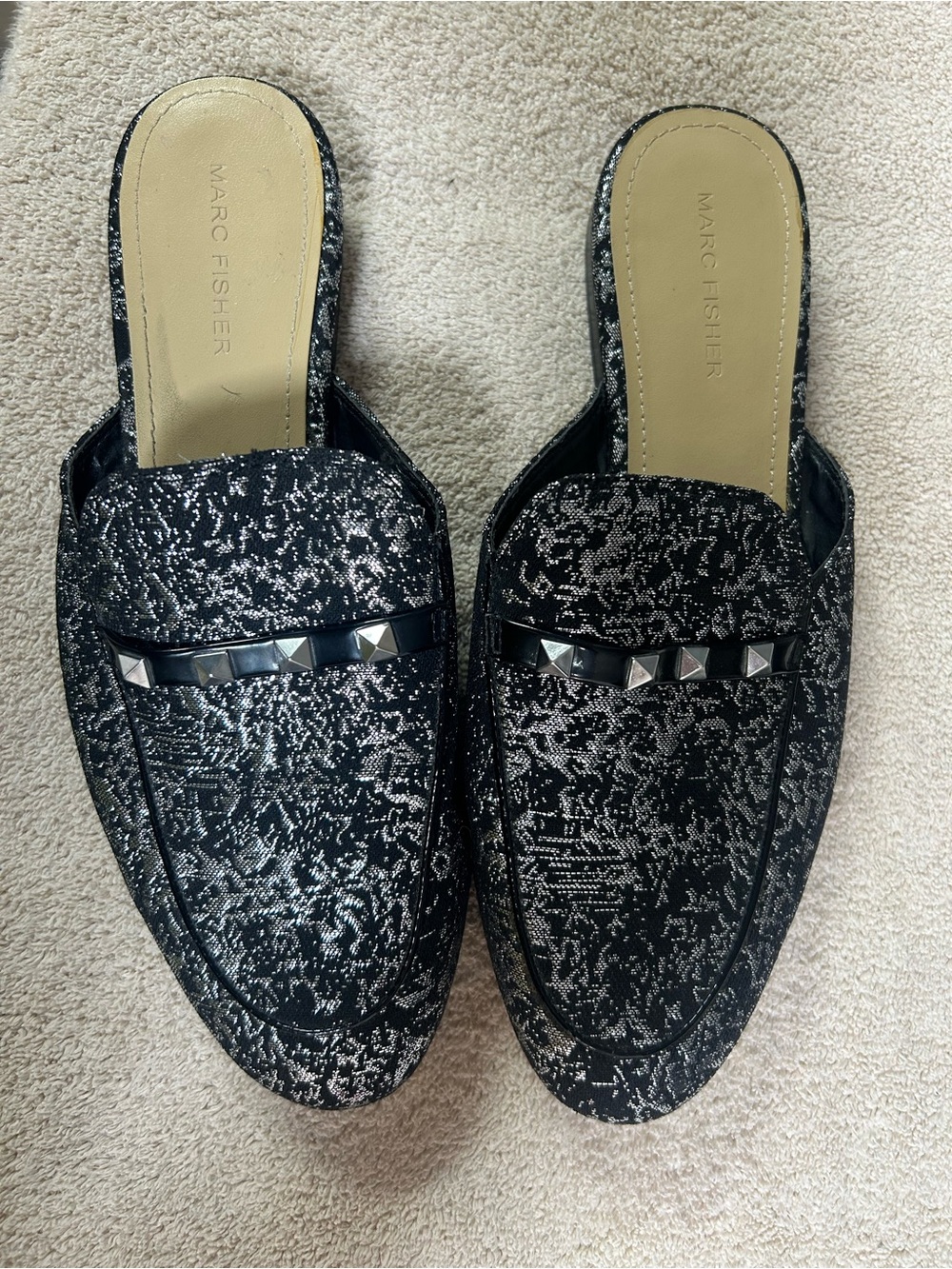 MARC FISHER “WISHING” metallic black & silver foil studded mules. new?? Size 9M
